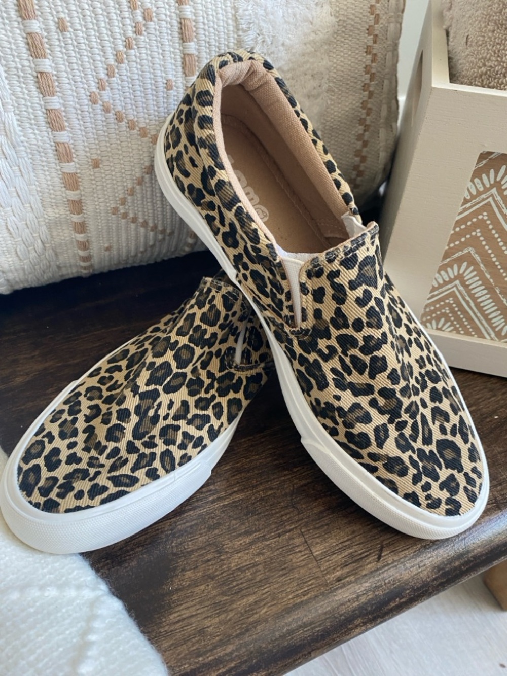 Lamo Leopard Print Slip-On Sneakers in Tan and Black